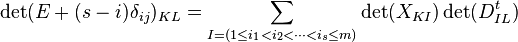 \det(E+(s-i)\delta_{ij})_{KL} = \sum_{I=(1\le i_1<i_2< \cdots <i_s \le m)} \det(X_{KI}) \det(D^t_{IL})