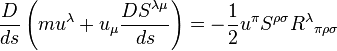 \frac{D}{ds}\left(m u^\lambda + u_\mu \frac{DS^{\lambda\mu}}{ds} \right) = -\frac{1}{2}u^\pi S^{\rho\sigma} R^\lambda{}_{\pi\rho\sigma}