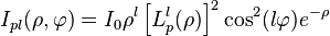 I_{pl} (\rho, \varphi) = I_0 \rho^l \left[L_p^l (\rho)\right]^2 \cos^2 (l\varphi) e^{-\rho}