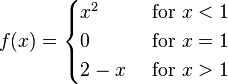 f(x) = \begin{cases}
  x^2 & \mbox{ for } x < 1 \\
  0   & \mbox{ for } x = 1 \\
  2-x & \mbox{ for } x > 1
\end{cases}