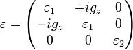 \varepsilon = \begin{pmatrix}
\varepsilon_1 & + i g_z & 0 \\
 - i g_z & \varepsilon_1 & 0 \\
0 & 0 & \varepsilon_2 \\
\end{pmatrix}