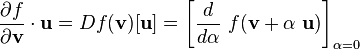 \frac{\partial f}{\partial \mathbf{v}}\cdot\mathbf{u} = Df(\mathbf{v})[\mathbf{u}] = \left[\frac{d }{d \alpha}~f(\mathbf{v} + \alpha~\mathbf{u})\right]_{\alpha = 0}