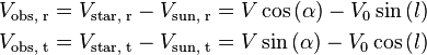 
\begin{align} 
& V_{\text{obs, r}}=V_{\text{star, r}}-V_{\text{sun, r}}=V\cos\left(\alpha\right)-V_{0}\sin\left(l\right) \\
& V_{\text{obs, t}}=V_{\text{star, t}}-V_{\text{sun, t}}=V\sin\left(\alpha\right)-V_{0}\cos\left(l\right) \\
\end{align}
