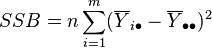 SSB = n\sum_{i=1}^m (\overline{Y}_{i\bullet} - \overline{Y}_{\bullet\bullet})^2 \,