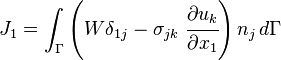 
   J_1 = \int_\Gamma \left(W \delta_{1j} - \sigma_{jk}~\cfrac{\partial u_k}{\partial x_1}\right)n_j \, d\Gamma
 