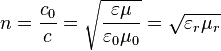  n = \frac{c_0}{c} = \sqrt{\frac{\varepsilon \mu}{\varepsilon_0 \mu_0}} = \sqrt{\varepsilon_r \mu_r} \,