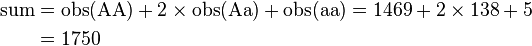 
\begin{align}
\text{sum} & = {\mathrm{obs}(\text{AA}) + 2 \times \mathrm{obs}(\text{Aa}) + \mathrm{obs}(\text{aa})}
= {1469 + 2 \times 138 +5} \\
& = 1750
\end{align}
