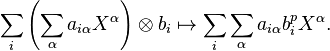 \sum_i \left(\sum_\alpha a_{i\alpha} X^\alpha\right) \otimes b_i \mapsto \sum_i \sum_\alpha a_{i\alpha} b_i^p X^\alpha.