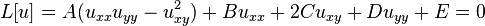 L[u] = A(u_{xx}u_{yy}-u_{xy}^2)+Bu_{xx}+2Cu_{xy}+Du_{yy}+E = 0\,