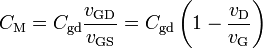  C_\mathrm{M} = C_\mathrm{gd} \frac {v_\mathrm{GD}} {v_\mathrm{GS}} = C_\mathrm{gd} \left( 1- \frac {v_\mathrm{D}} {v_\mathrm{G}} \right)