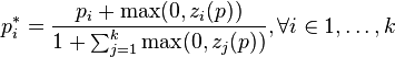 p^*_i = \frac{p_i + \max(0, z_i(p))}{1 + \sum_{j=1}^k \max(0,z_j(p))}, \forall i\in 1,\dots,k