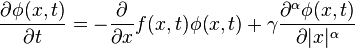 
\frac{\partial \phi(x,t)}{\partial t}=-\frac{\partial}{\partial x} f(x,t)\phi(x,t) + \gamma \frac{\partial^\alpha \phi(x,t)}{\partial |x|^\alpha}
