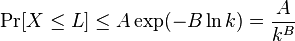 
\Pr[X\leq L] \leq A \exp (-B \ln{k}) = \frac{A}{k^B}
