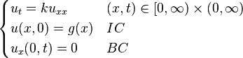 \begin{cases} u_{t}=ku_{xx} & (x, t) \in [0, \infty) \times (0, \infty) \\ u(x,0)=g(x) & IC \\ u_{x}(0,t)=0 & BC \end{cases} 