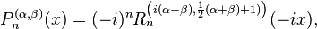 
P^{(\alpha,\beta)}_n(x) = (-i)^n R^{\left(i(\alpha-\beta), 
\frac{1}{2}(\alpha+\beta)+1)\right)}_n(-ix),
