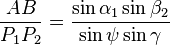 \frac{AB}{P_1 P_2}=\frac{\sin \alpha_1 \sin \beta_2}{\sin \psi \sin \gamma}