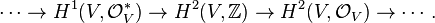 \cdots \to H^1(V, \mathcal O_V^*)\to H^2(V, \mathbb Z)\to H^2(V,\mathcal O_V)\to \cdots.