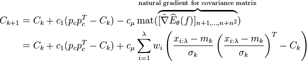  \begin{align} 
   C_{k+1} 
     &= C_k + c_1(p_c p_c^T - C_k)  
         - c_\mu\,\mathrm{mat}(\overbrace{[\tilde{\nabla} \widehat{E}_\theta(f)]_{n+1,\dots,n+n^2}}^{
     \!\!\!\!\!\!\!\!\!\!\!\!\!\!\!\!\!\!\!\!\!\!\!\!\!\!\!\!\!\!\!\!\!\!\!\!\!\!\!\!
        \text{natural gradient for covariance matrix} 
     \!\!\!\!\!\!\!\!\!\!\!\!\!\!\!\!\!\!\!\!\!\!\!\!\!\!\!\!\!\!\!\!\!\!\!\!\!\!\!\!
     })\\
     &= C_k + c_1(p_c p_c^T - C_k) 
        + c_\mu \sum_{i=1}^\lambda w_i \left(\frac{x_{i:\lambda} - m_k}{\sigma_k} \left(\frac{x_{i:\lambda} - m_k}{\sigma_k}\right)^T - C_k\right) 
   \end{align}