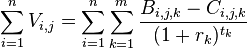  \sum_{i=1}^n  V_{i,j} = \sum_{i=1}^n \sum_{k=1}^m \frac{B_{i,j,k}-C_{i,j,k}}{(1+r_k)^{t_k}} 