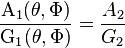 \frac{\mathrm{A_{1}}(\theta,\Phi)}{\mathrm{G_{1}}(\theta,\Phi)} = \frac{A_{2}}{G_{2}}