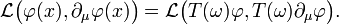 \mathcal{L}\big(\varphi(x),\partial_\mu\varphi(x)\big) = \mathcal{L}\big(T(\omega)\varphi,T(\omega)\partial_\mu \varphi\big).