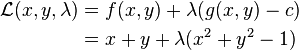 \begin{align} 
\mathcal{L}(x, y, \lambda) &= f(x,y) + \lambda(g(x,y)-c) \\
&= x+y +  \lambda (x^2 + y^2 - 1)
\end{align}