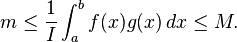 m \le \frac1I \int_a^b f(x)g(x)\,dx \le M.