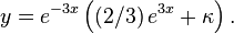 y=e^{-3x}\left(\left(2/3\right) e^{3x} + \kappa\right). \,