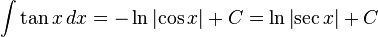 \int \tan{x} \, dx = -\ln{\left| \cos {x} \right|} + C = \ln{\left| \sec{x} \right|} + C