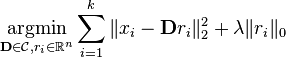 \underset{\mathbf{D} \in \mathcal{C}, r_i \in \mathbb{R}^n}{\text{argmin}} \sum_{i=1}^k\|x_i-\mathbf{D}r_i\|_2^2+\lambda \|r_i\|_0