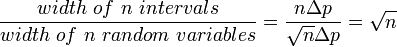  \frac{width \ of \ n \ intervals }{width \ of \ n \ random \ variables}=\frac{n\Delta p}{\sqrt{n}\Delta p} = \sqrt{n} 