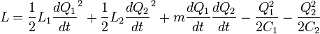  L= \frac{1}{2} L_1 \frac{dQ_1}{dt} ^2 + \frac{1}{2} L_2 \frac{dQ_2}{dt} ^2+ m \frac{dQ_1}{dt} \frac{dQ_2}{dt} - \frac{Q_1^2}{2C_1} - \frac{Q_2^2}{2C_2} 