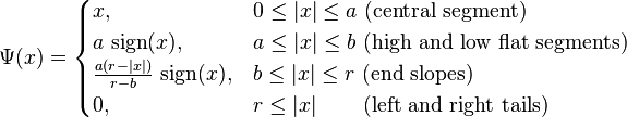 
\Psi(x)= 
\begin{cases} 
x, & 0\le |x| \le a \text{ (central segment)}\\
a\, \operatorname{sign}(x), & a\le |x| \le b  \text{ (high and low flat segments)}\\
\frac{a(r-|x|)}{r-b}\,\operatorname{sign}(x),& b\le |x| \le r  \text{ (end slopes)}\\
0,& r\le |x| \qquad\, \text{(left and right tails)}
\end{cases}
