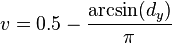 v = 0.5 - \frac{\arcsin(d_y)}{\pi}