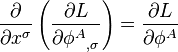 
\frac{\partial}{\partial x^\sigma} \left( \frac{\partial L}{\partial {\phi^A}_{,\sigma}} \right) =
\frac{\partial L}{\partial \phi^A}
