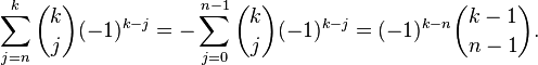 \sum_{j=n}^k\binom kj(-1)^{k-j}
=-\sum_{j=0}^{n-1}\binom kj(-1)^{k-j}
=(-1)^{k-n}\binom{k-1}{n-1}.