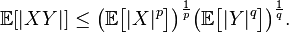 \mathbb{E}[|XY|] \le \bigl(\mathbb{E}\bigl[|X|^p\bigr]\bigr)^{\frac{1}{p}} \bigl(\mathbb{E}\bigl[|Y|^q\bigr]\bigr)^{\frac{1}{q}}.