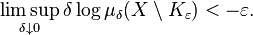 \limsup_{\delta \downarrow 0} \delta \log \mu_{\delta} (X \setminus K_{\varepsilon}) < - \varepsilon.