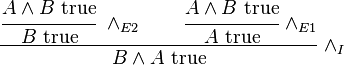 
 \cfrac{\cfrac{A \wedge B\hbox{ true}}{B\hbox{ true}}\ \wedge_{E2} 
 \qquad
 \cfrac{A \wedge B\hbox{ true}}{A\hbox{ true}}\ \wedge_{E1}}
 {B \wedge A\hbox{ true}}\ \wedge_I
