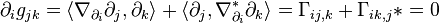 \partial_ig_{jk}=\langle\nabla_{\partial_i}\partial_j,\partial_k\rangle+\langle\partial_j,\nabla^*_{\partial_i}\partial_k\rangle=\Gamma_{ij,k}+\Gamma_{ik,j}*=0