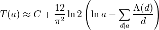 T(a) \approx C + \frac{12}{\pi^{2}} \ln 2 \left(\ln a - \sum_{d \mid a} \frac{\Lambda(d)}{d}\right)