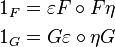 \begin{align}
1_F &= \varepsilon F\circ F\eta\\
1_G &= G\varepsilon \circ \eta G
\end{align}