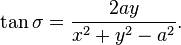 
  \tan \sigma = \frac{2 a y}{x^2 + y^2 - a^2}.
