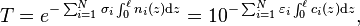 T = e^{-\sum_{i = 1}^N \sigma_i \int_0^\ell n_i(z)\mathrm{d}z} = 10^{-\sum_{i = 1}^N \varepsilon_i \int_0^\ell c_i(z)\mathrm{d}z},