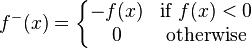  f^-(x) = \left\{\begin{matrix} -f(x) & \text{if }  f(x) < 0 \\ 0 & \text{otherwise} \end{matrix}\right. 