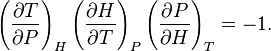 \left(\frac{\partial T}{\partial P}\right)_H\left(\frac{\partial H}{\partial T}\right)_P\left(\frac{\partial P}{\partial H}\right)_T = -1.