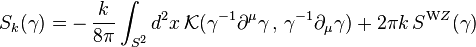 S_k(\gamma)= - \,  \frac {k}{8\pi} \int_{S^2} d^2x\, 
\mathcal{K} (\gamma^{-1} \partial^\mu \gamma \,  , \,   
\gamma^{-1} \partial_\mu \gamma) + 2\pi k\, S^{\mathrm WZ}(\gamma)