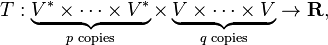  T: \underbrace{ V^* \times\dots\times V^*}_{p \text{ copies}} \times \underbrace{ V \times\dots\times V}_{q \text{ copies}} \rightarrow \mathbf{R}, 