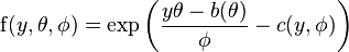 \operatorname{f}(y,\theta,\phi) = \exp\left(\frac{y\theta - b(\theta)}{\phi} - c(y,\phi)\right)
