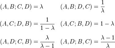 
\begin{align}
(A, B; C, D) & = \lambda & (A, B; D, C) & = \frac 1 \lambda \\[6pt]
(A, C; D, B) & = \frac 1 {1-\lambda} & (A, C; B, D) & = 1-\lambda \\[6pt]
(A, D; C, B) & = \frac \lambda {\lambda-1} & (A, D; B, C) & = \frac{\lambda-1} \lambda
\end{align}
